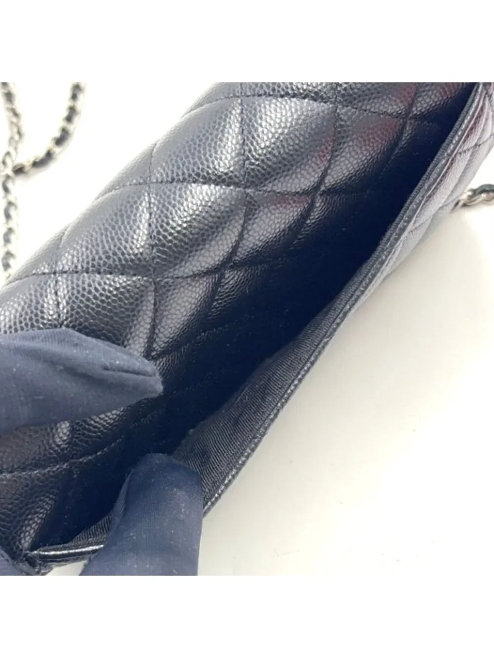 Chanel Quilted Eyewear Case Caviar Leather Black Chain Shoulder Bag Silver
